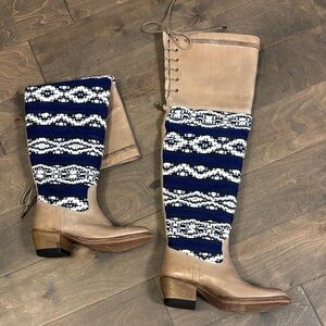 Tan and Blue Patterned Women's Boots